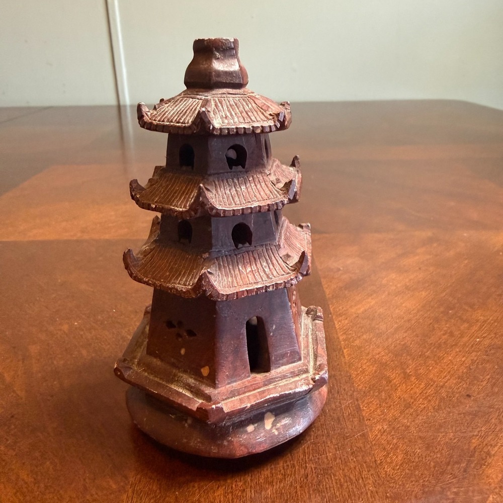 Vintage Asian Pagoda Soapstone‎ Carved Tower Statue Miniature Figurine Decor